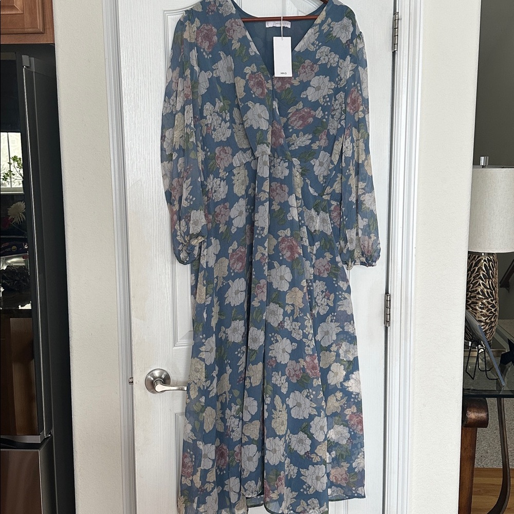 Mango Blue Floral Maxi Dress with Soft Pink & Cream Blooms